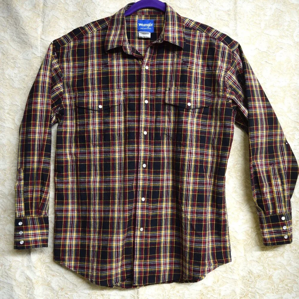 VTG Wrangler Pearl Snap Line Dancing Mens Shirts Fall Colors Rodeo Red Mustard L